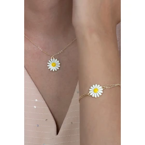 Gold Renk Mineli Papatya Kolye ve Bileklik Set Kombini bbs03