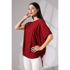 Flores Kadın Bordo Soft Touch Yarasa Kol Sağ Omuz ve Sol Etek Tünel Bağcıklı Diagonal Jakar Örme Bluz