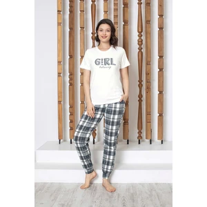 Beyaz Ekose Düğmesiz Bisiklet Yaka Pamuklu Kısa Kol Cepli Jogger/Dar Paça Pijama Takımı