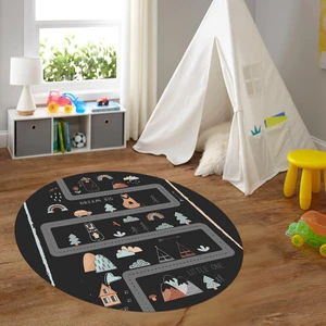 Napoli Home Dijital Baskılı Kaymaz Yıkanabilir Eğlenceli Yuvarlak Çocuk Odası Halısı, N-Y-Çocuk-16-Antrasit,