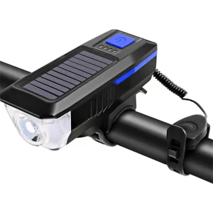 Güneş Enerejili Bisiklet Feneri Korna Su Geçirmez Solar Scooter Işık Şarj Edilebilir Ön Far (Mavi)