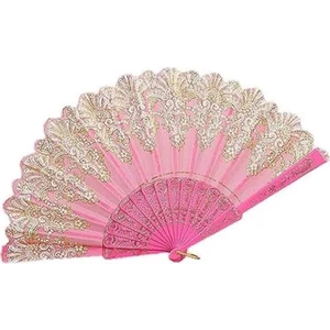 Yelpaze  Şık Doğal Serinletici Desenli Simli Yelpaze Pembe
