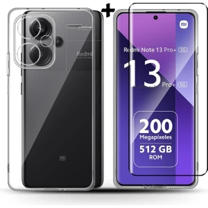 M.TK Moveteck Xiaomi Redmi Note 13 Pro+ Plus Kılıf Kamera Çıkıntılı Şeffaf Silikon + Ekran Koruyucu Nano Cam 2'li Set
