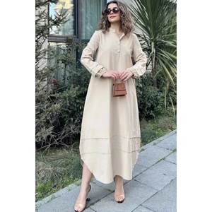 New Laviva Kadın Bej Hakim Yaka Lastikli Balon Kol Etek Ve Kolu Kat Kumaş Dikişli Uzun Salaş Elbise