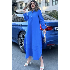 New Laviva Kadın Mavi Hakim Yaka Lastikli Balon Kol Etek Ve Kolu Kat Kumaş Dikişli Uzun Salaş Elbise