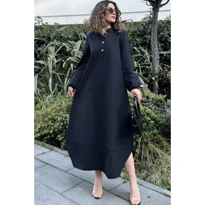 New Laviva Kadın Siyah Hakim Yaka Lastikli Balon Kol Etek Ve Kolu Kat Kumaş Dikişli Uzun Salaş Elbise