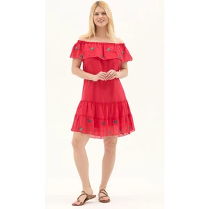 Nar Çiçeği Kısa Kol Vual Nakışlı Kısa Yazlık Elbise