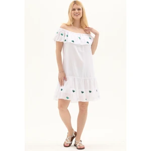 Beyaz Kısa Kol Vual Nakışlı Kısa Yazlık Elbise