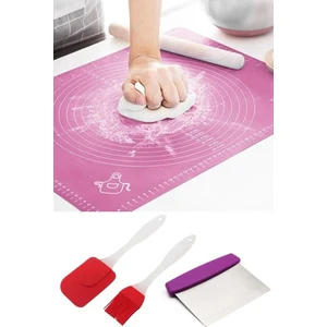 Und Trade Hamur Açma Matı + Çelik Hamur Kesme Spatulası + Silikon Yumurta Fırçası ve Spatula 2'li Set