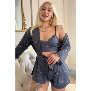 Pijama Evi Füme Sunlit Desenli Bambu Crop Sabahlıklı Şortlu Kadın Pijama Takımı