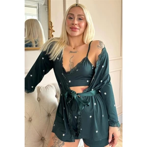 Zümrüt Sunlit Desenli Bambu Crop Sabahlıklı Şortlu Kadın Pijama Takımı