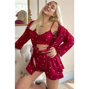 Bordo Kalp Desenli Bambu Crop Sabahlıklı Şortlu Kadın Pijama Takımı