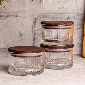 Bella 3'lü Ahşap Vakumlu Kapaklı Cam Kahvaltılık Çok Amaçlı Cam Çerezlik 235 ml