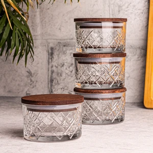 Milla 4'lü Ahşap Vakumlu Kapaklı Cam Kahvaltılık Çok Amaçlı Cam Çerezlik 230 ml