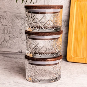 Milla 3'lü Ahşap Vakumlu Kapaklı Cam Kahvaltılık Çok Amaçlı Cam Çerezlik 230 ml