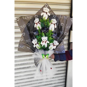 Baby Home Flowers Ayıcık Çiçek Buketi 6 Adet Peluş Ayı 4 Adet Kadife Gül Işıklı Hediyelik Büyük Boy