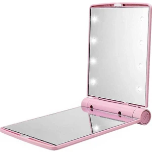 Katlanır Mini Işıklı Makyaj Aynası Cep Çanta Aynası 8 LED Pilli Pembe