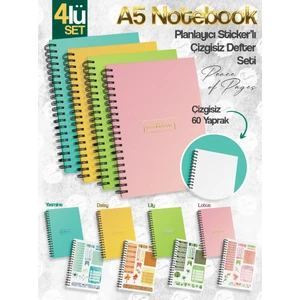 Tuğset Etiket Notebook Sticker'lı 4'lü Çizgisiz Defter Seti (21 x 14,8 cm 120 Sayfa) Planlayıcı Defter SETI-T968
