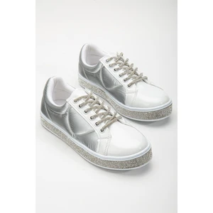 Rugan Taban Bağcık Taşlı Gümüş Beyaz Kadın Spor Ayakkabı