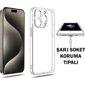 iPhone 15 Pro Max Uyumlu Şeffaf Kılıf Kamera Korumalı ve Şarj Soket Tıpalı Elden Kaydırmaz Esnek Silikon
