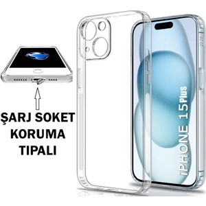 iPhone 15 Plus Şeffaf Kılıf Kamera Korumalı ve Şarj Soket Tıpalı Elden Kaydırmaz Esnek Silikon