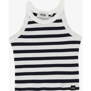Ekru - Lacivert Kız Çocuk Bisiklet Yaka Crop Top Çizgili Atlet C4SG-TST4102