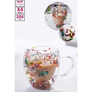 Berdina Home 4'lü Çift Cidarlı Çiçekli Bardak 250ML Kahve Çay Bardağı El Yapımı Kulplu Borosilikat Cam Bardağı