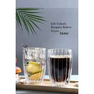 Berdina Home 2'li Çift Cidarlı 450ML Isıya Dayanıklı Cam Bardak Sıcak Soğuk Burgulu Çay Süt Kahve Kupası Bardağı