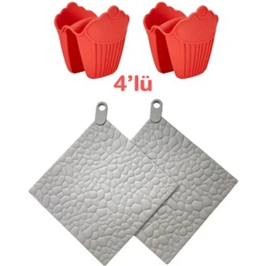 Holly Home 4 Parça Silikon Nihale+Tutacak; 2 Adet Gri Nihale 2 Adet Fırın Tutacağı , Tencere Çaydanlık Altı
