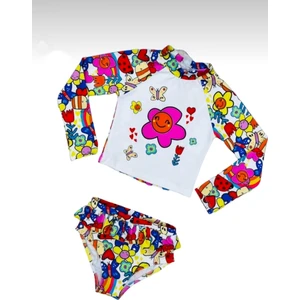 Yeni Sezon Çiçek Desenli Uv-Güneş Korumalı Uzun Kol Crop Üst Mini Etek Altı Fırfırlı Bikini Takımı