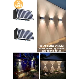 2ADET Solar Çift Taraflı 6ledli Aplik Sarı Işık Duvar Lamba Bahçe Aydınlatma Güneşle Şarj