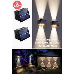 2ADET Solar Çift Taraflı 4ledli Aplik Sarı Işık Duvar Lamba Bahçe Aydınlatma Güneşle Şarj