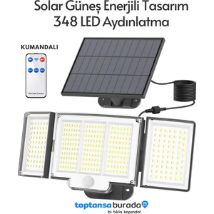 Solar Güneş Enerjili 348 Ledli Kumandalı Hareket Sensörlü 3 Modlu Bahçe Aydınlatma Lamba