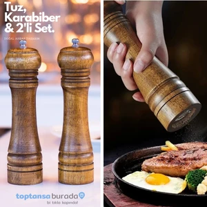 Premium Kalite 2 Adet 22CM Doğal Ahşap Değirmen Baharat Öğütücü Karabiber Tuz Kahve
