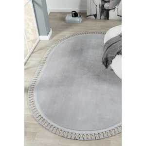 Linos Home Puffy Açık Gri Oval Örgü Saçaklı Peluş Yumuşacık Yıkanabilir Kaymaz Taban Halı Salon Oturmaa Odası