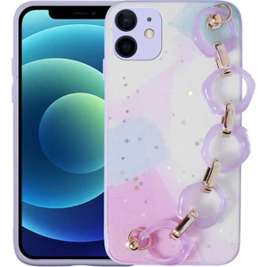iPhone 12 - Uyumlu Simli Desenli El Askılı Tutacaklı Mayaks Elsa Silikon Kapak-Lila