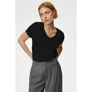Kadın T Kol V Yaka T-Shirt Bluz Siyah