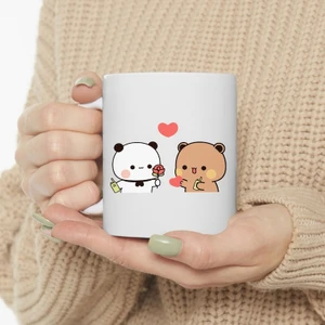 Sevimli Bubu ve Dudu Kahve Kupa, Ayı Seramik Kupa, Panda Ayı Kupası, Sevimli,ingilizce Kupa
