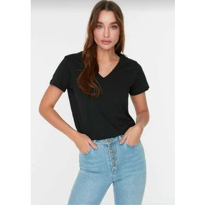 Tight Lady Süper Kalite Siyah V-Yaka Kadın Basic Tişört Örme Pamuk Penye T-Shirt