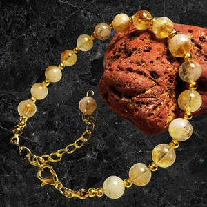 Ayre Style Sitrin Doğal Taşı Gold Renk Bileklik, Sitrin Ayarlanabilir Boncuklu - 8mm Küre Kesim Kadın Bileklik