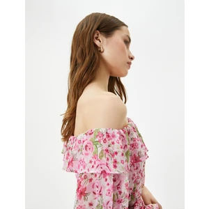 Çiçekli Elbise Midi Omzu Açık Bağlama Detaylı