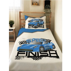 Mavi Araba Desenli Bebek ve Çocuk Baskılı Tek Kişilik Pike Takımı 160X230 Beyaz