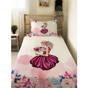 Çiçek ve Kadın Desenli Genç ve Çocuk Baskılı Tek Kişilik Pike Takımı 160X230 Renkli