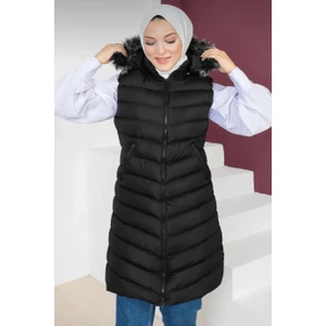 Moda Armanc Kürklü Kapüşonlu Uzun Şişme Yelek