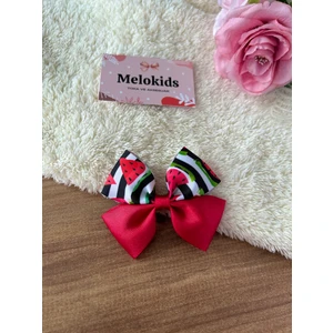 Karpuz Desenli Siyah Beyaz Pembe Klipsli Kurdele Toka