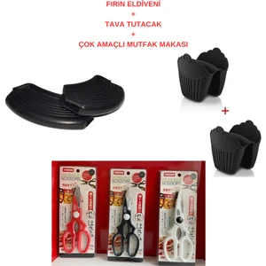ZETMON 5 Parça Silikon Yanmaz Yapışmaz Fırın Eldiveni Elcik + Tava Kulp Tutacak + Mutfak Makası  Isı Yalıtımlı Kaymaz Mikrodalga Fırın Tencere Tepsi Çaydanlık Mutfak Makası