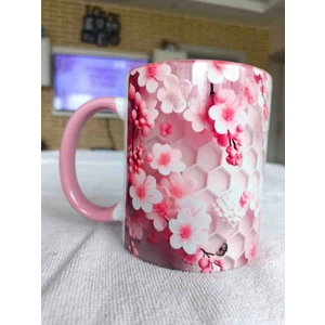 Mugs And Love Pembe Çiçekler 3D Baskı Büyük Boy Kupa