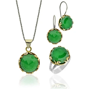 Roza Silver Zümrüt Taşlı Vav Harfi Motifli Otantik Gümüş Kadın Set