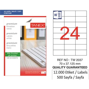 Lazer Etiket tw-2037 500 A4 Sayfa Laser Etiket 70 x 37 mm Boyutunda 1 A4 Sayfada 24 Etiket