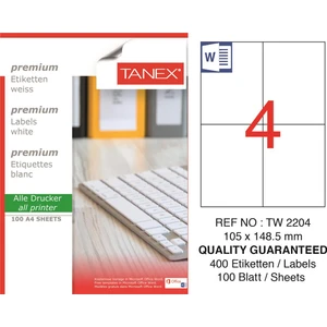 Lazer Etiket tw-2204 100 A4 Sayfa Laser Etiket 105 x 148 mm Boyutunda 1 A4 Sayfada 4 Etiket